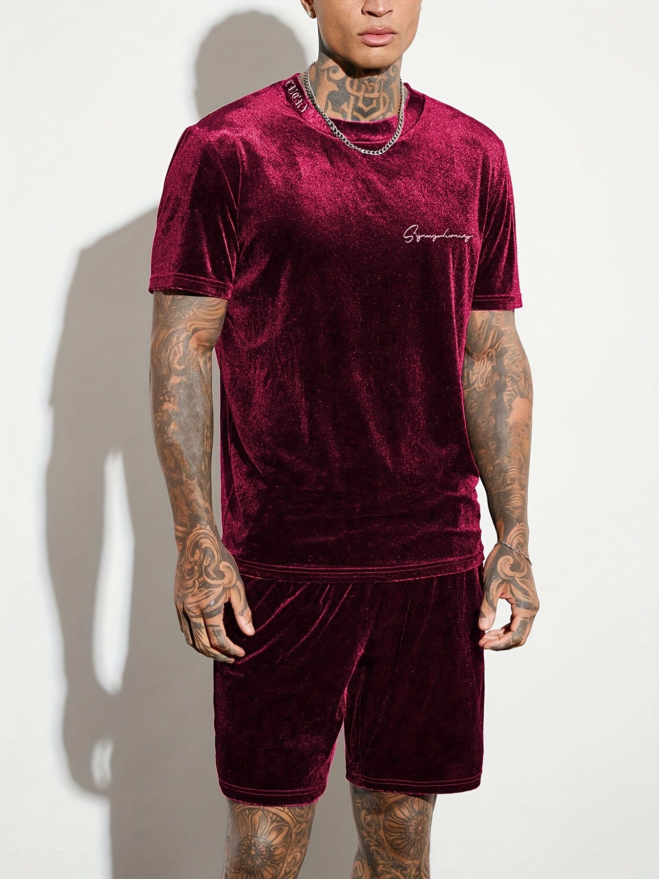 Men'S Fashion Velvet Knit Pullover Set, Contrast Letter Embroidery Top and Solid Color Drawstring Shorts, Simple Casual Outing Commuting Vacation Light Luxury Set, Regular Fit Elastic Knit Two-Piece Set, High-end Sheen Light