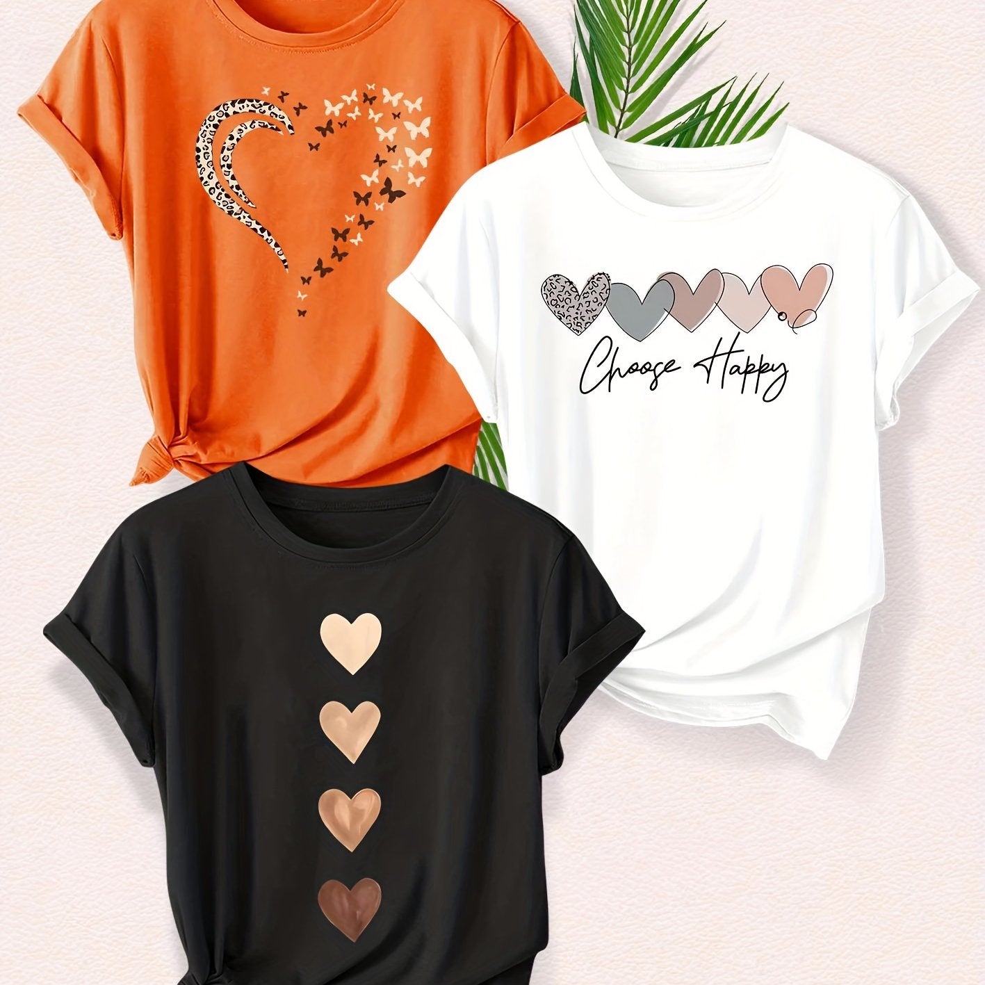 Leopard Print Small Butterfly Love Hearts in Pairs with English Letter Pattern Printed Fashion Retro Style Women's Spring, Autumn and Winter Casual Sports Top Round Neck Short Sleeve T-shirt 3pcs Combination Pack Family Pack