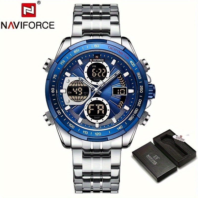 NAVIFORCE Men's Luxury Sports Quartz Watch - Waterproof, Genuine Leather Strap, Dual Display with Date & Chronograph Functions, Case, Green Accents, Luxury Timepiece|Tachymeter Equipped|Genuine Leather Band Valentine's Day