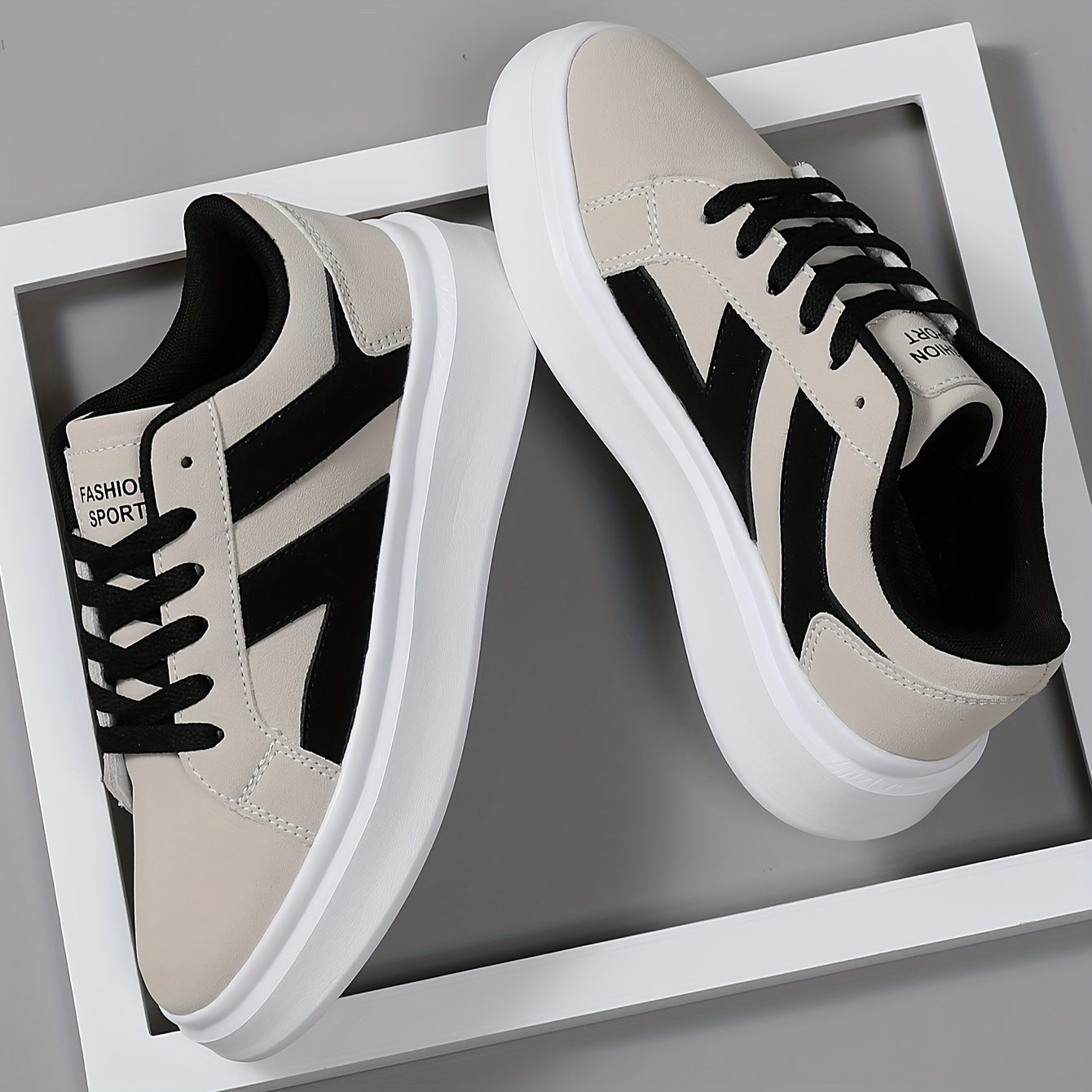 Men's Casual Athletic Sneakers - Comfortable Low-Top Lace-Up Shoes with Geometric Design, Black & Beige, EVA Sole, Microfiber Upper for Casual Attire and Sports