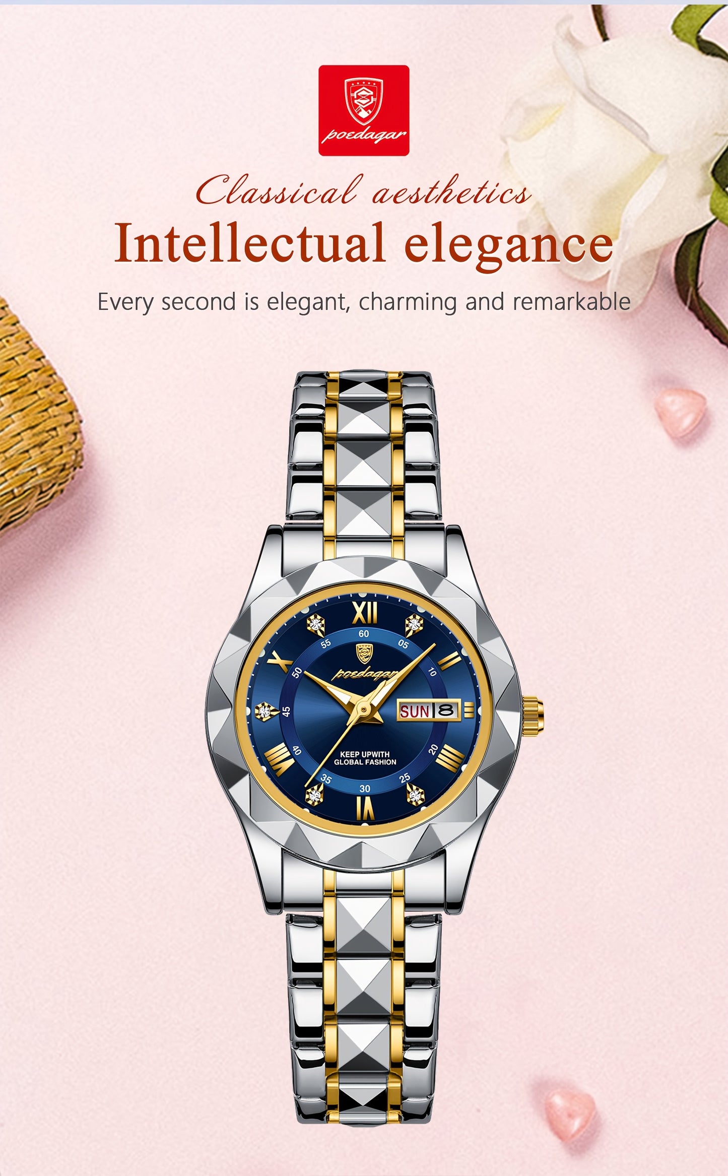POEDAGAR 2023 New Women's Casual Quartz Watch - Stainless Steel Band, High Quality IPX7, Luminous Blue Dial with Roman Numerals, Date Display, Elegant Round Design for Casual Attire, Secure Clasp Closure