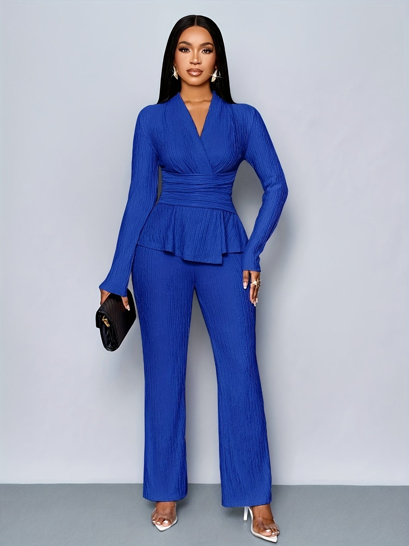 Elegant Women'S V-Neck Long Sleeve Top and Wide Leg Pants Two-Piece Set, Asymmetrical Hem Two-Piece Outfit for Casual Daily Wear, Winter Women'S Clothing