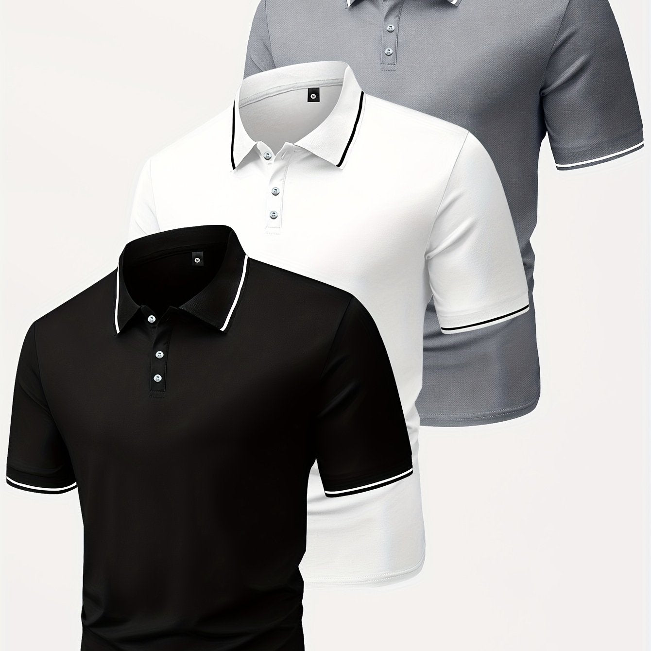 3pcs Men's Casual Fashion Shirts - Breathable Polyester, Short Sleeve, Button-Up with Classic Collar - Machine Washable, Summer Essentials in Black, White, and Beige