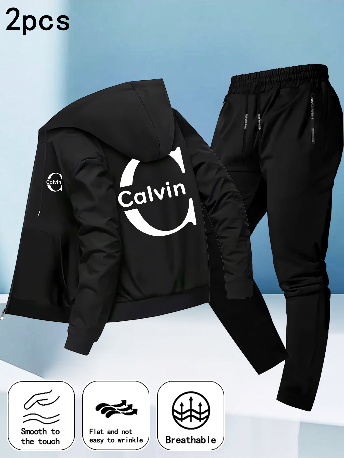 Men's Trendy Autumn-Winter Hooded Jacket Set with Calvin Print, Casual Youth Sportswear Outfit