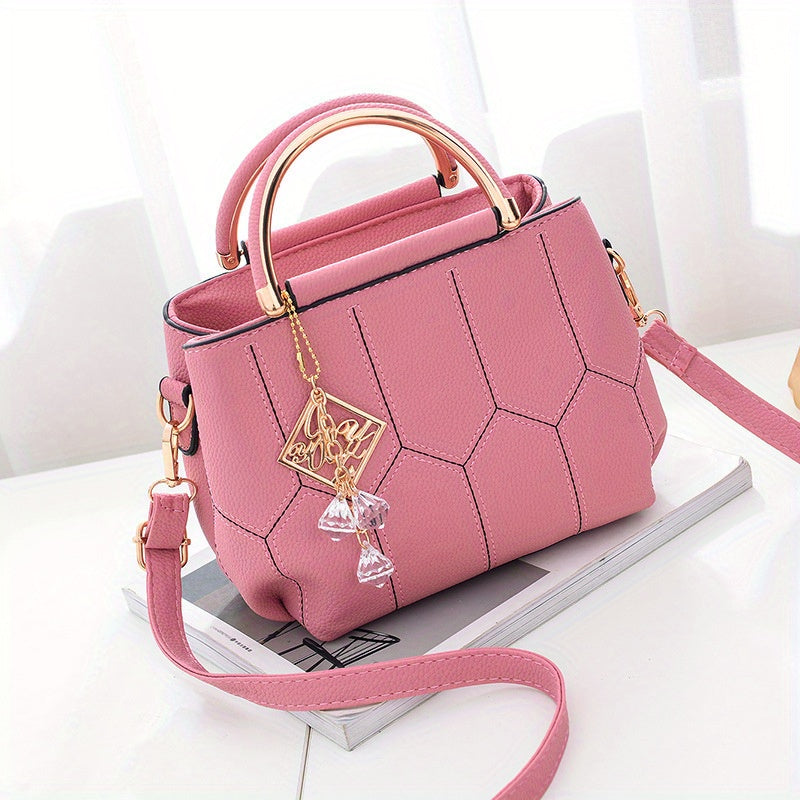 2025 New Women's Geometric Hexagon Pattern Crossbody Bag with Adjustable Strap & Golden-Tone Hardware - Zipper Closure, Polyester Lining, Multiple Colors (Khaki/Dark Gray/White/Pink/Red/Black) - Versatile for Casual & Formal