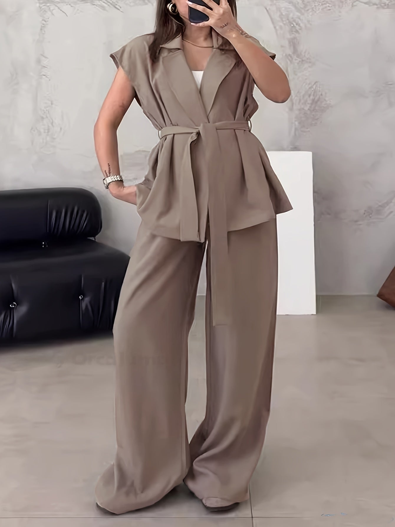 Women's Solid Color Casual Elegant Sleeveless Top and Wide-Leg Pants 2pcs Set