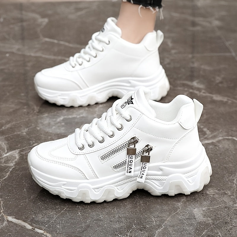 Women's White Platform Sneakers - Chunky Platform Shoes with Cushioned PVC Sole, Lace-Up Low-Top for Everyday, Travel, Office - All-Season Synthetic Cover - Leg-Lengthening Design, Ladies Sneakers, Travel Footwear, Chunky Sol