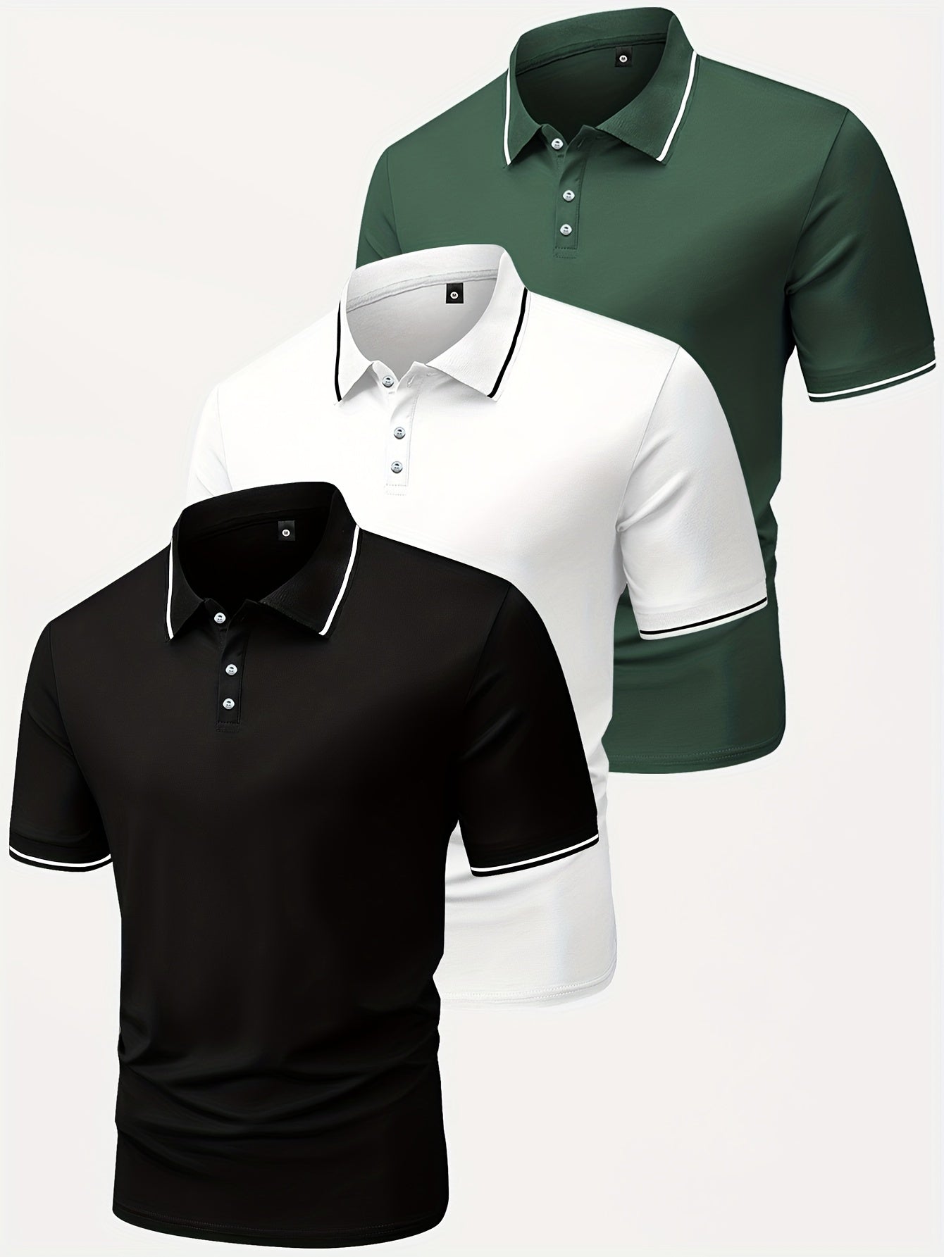 3pcs Men's Casual Fashion Shirts - Breathable Polyester, Short Sleeve, Button-Up with Classic Collar - Machine Washable, Summer Essentials in Black, White, and Beige