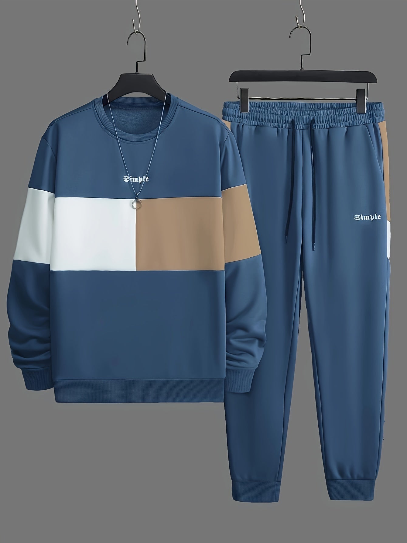 Men's Casual Crew Neck Sweatshirt & Joggers Set - Color Block, Polyester Blend, Machine Washable - Perfect for Spring/Fall, Leisure Style, Conventional Version, Spring/Autumn