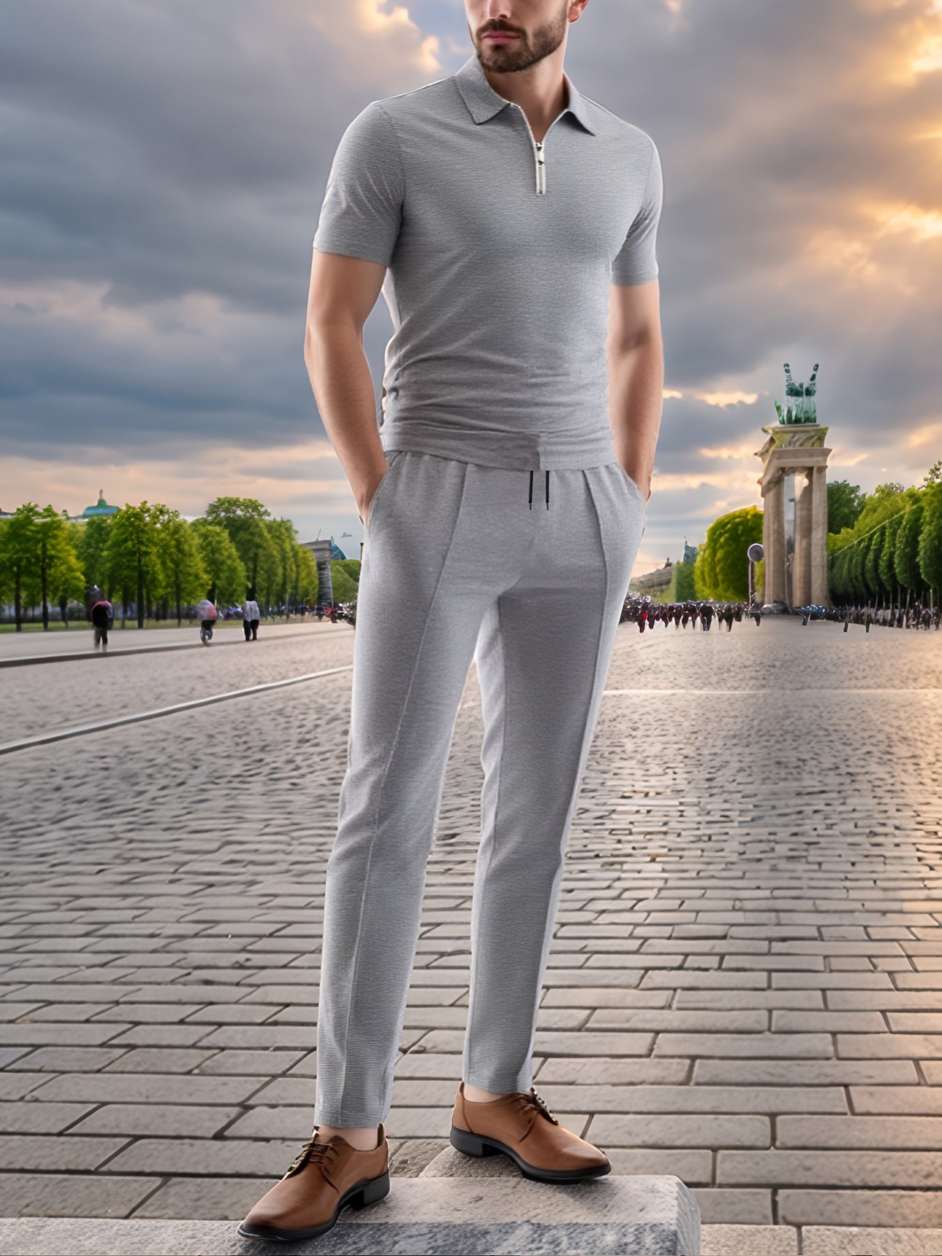 Men'S Casual 2pcs Set Knitted: Zipper Short Sleeve Shirt and Drawstring Pants - Black, Polyester, Suitable for Spring/Summer Casual Wea