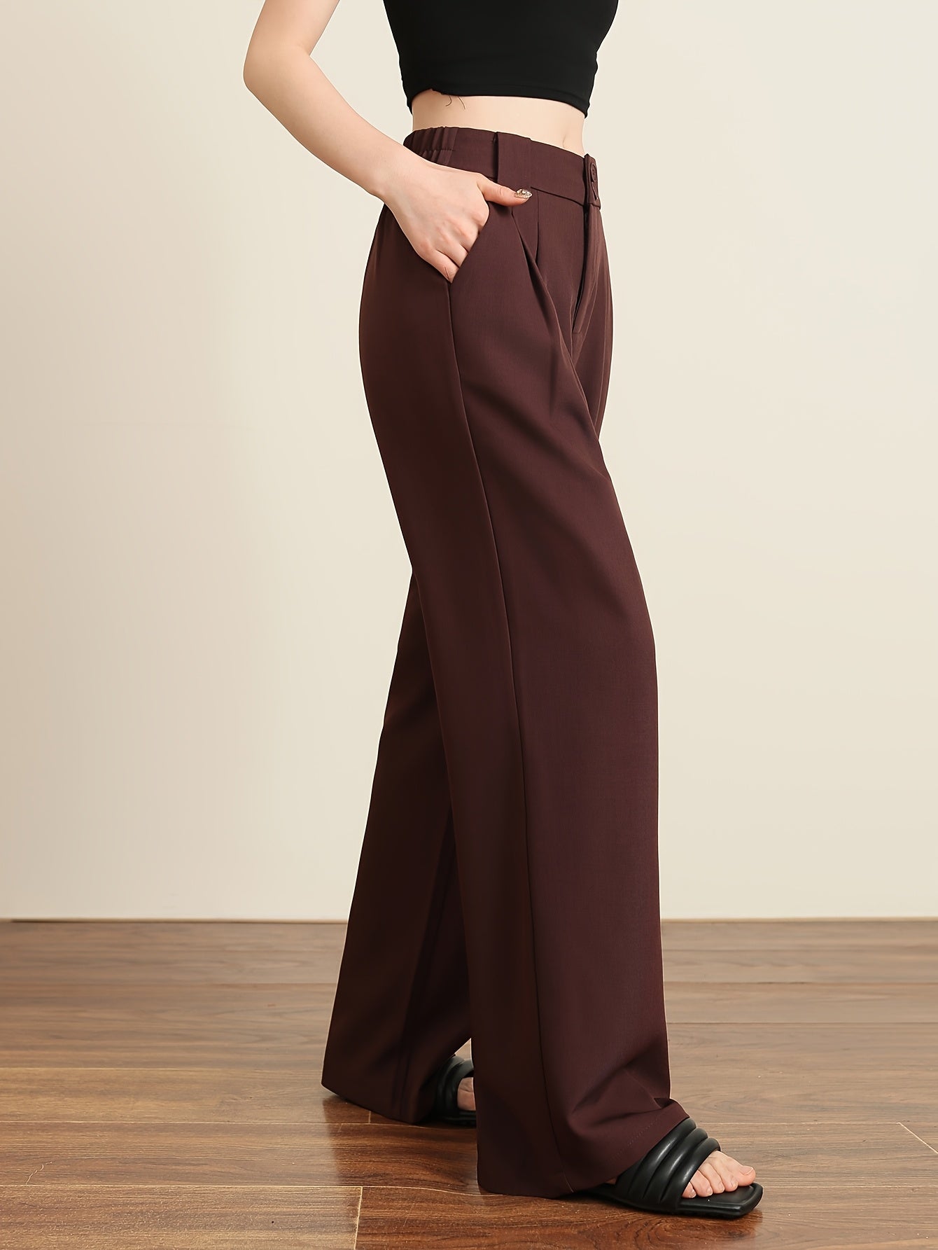 Solid Color Slim Straight Pants, Casual Women'S Long Trousers with Pockets And Buttons for Everyday Wear.