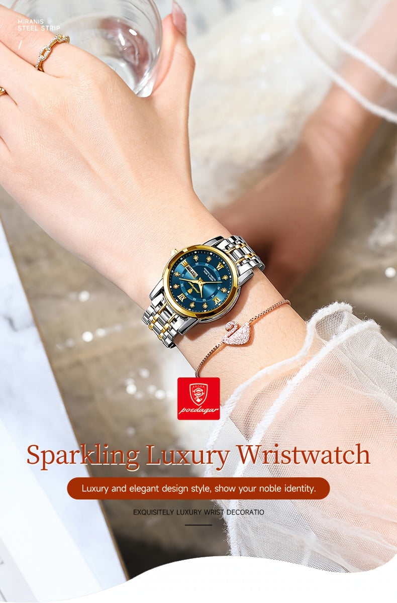 POEDAGAR Elegant Stainless Steel Quartz Watch for Women, Luminous Calendar, Round Alloy Case, Trendy Korean Style, Non-Rechargeable Battery, Watch Accessories