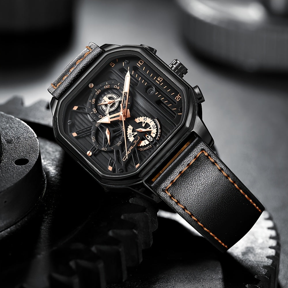 CRRJU Men's Sporty Chronograph Watch with Rose Golden Accents, Quartz Movement, IPX8 High Quality, Black Dial & Brown Faux Leather Strap - Durable Casual & Formal Timepiece