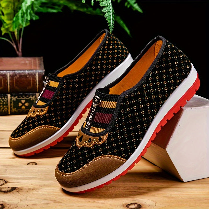 Women's Casual Peking Cloth Flats, Comfortable Soft Sole Slip On Shoes, Chinese Style Low Top Flats