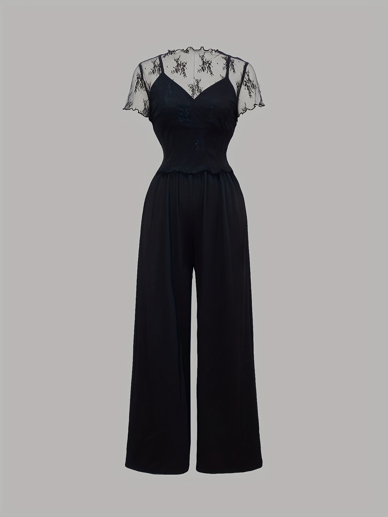 Elegant Mesh Long Sleeve Crop Top & Bodycon Wide-Leg Jumpsuit Set - Chic V-Neck, Ruched Detail, Black Mesh Blouse with Spaghetti Straps, Wide Leg Pants for Spring/Summer, Women'S Fashion, Clothing | Relaxed Fit | Chic Desig