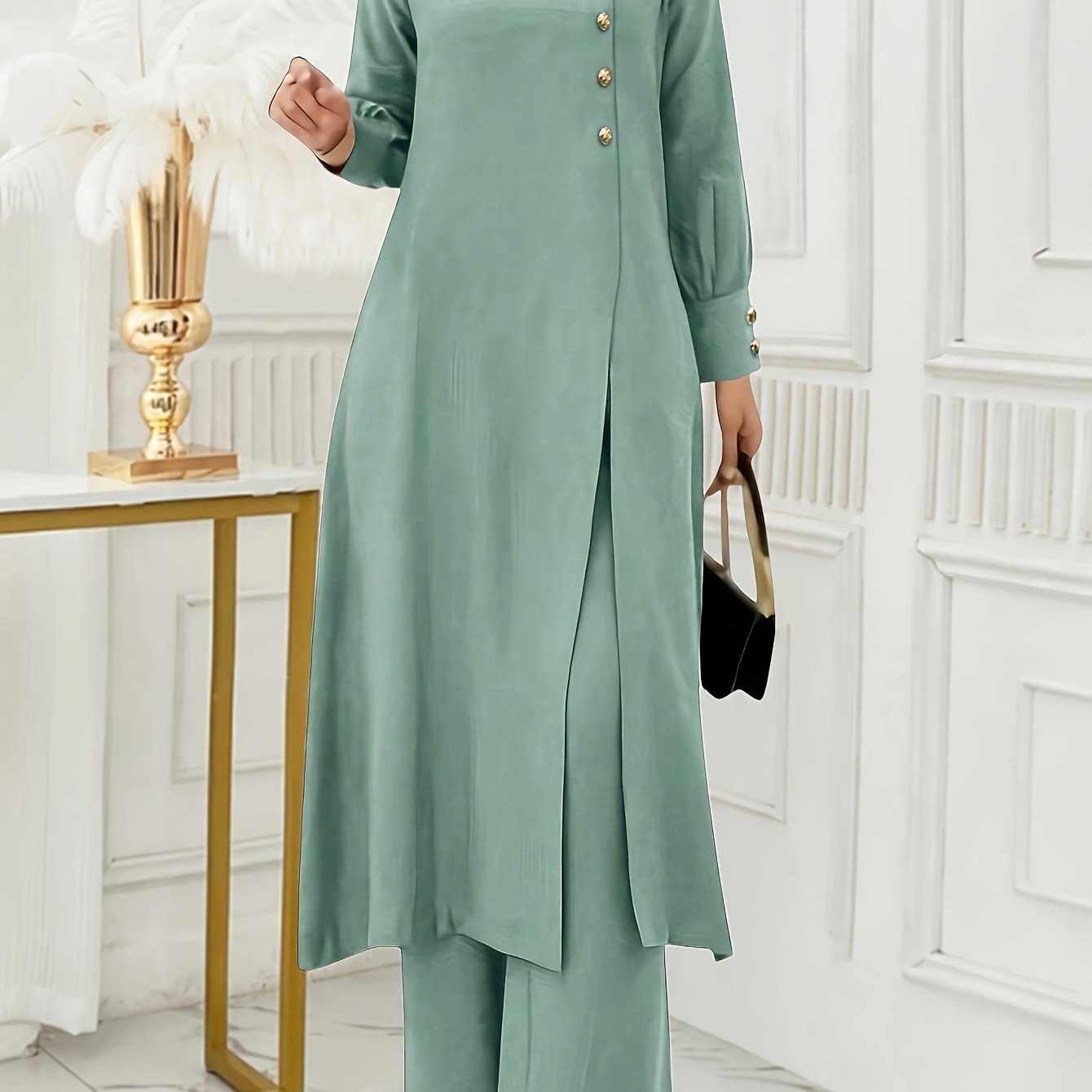 Ramadan, Women's Front-Button Long Sleeve Slit Dress & Pants Casual Arabic Style 2pcs Set, Only Clothes, Without Headscarf