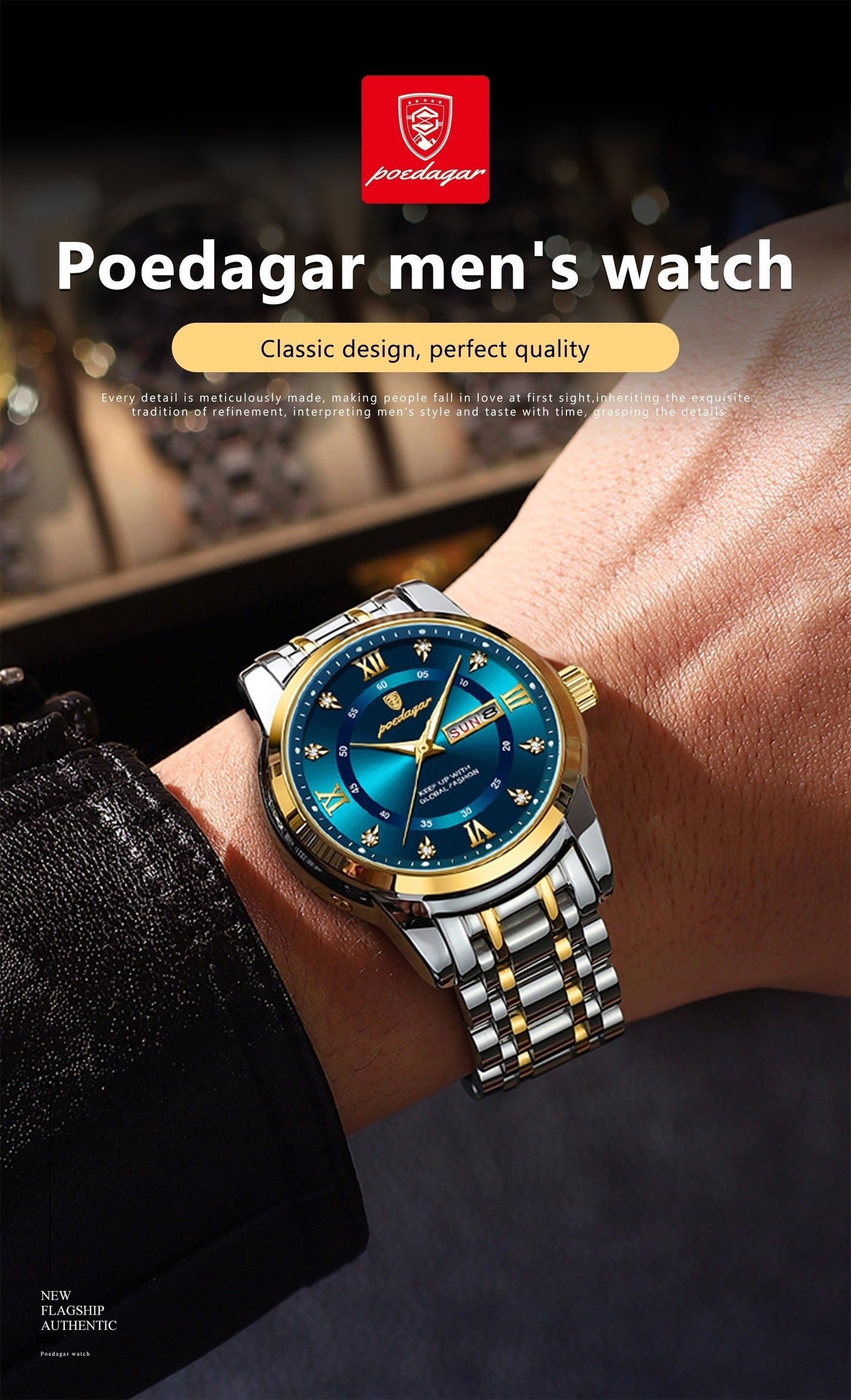 POEDAGAR Men&Women&Apos;S Calendar Week Luminous Stainless Steel Watch - Trendy Casual Quartz Wristwatch with Blue Dial, Roman Numerals, And Date Display, Ideal Gift for Sports Enthusiasts, Casual Wear Watch | Trendy Casual W