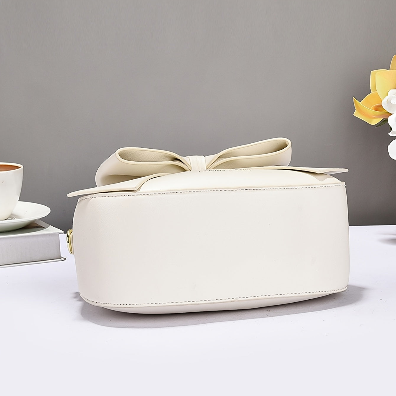 FIDM Women'S Chic Beige Crossbody Bag with Bow Detail - Versatile Synthetic Faux Leather Shoulder Purse with Zipper Closure, Elegant Design for Casual or Formal Occasions, Casual Shoulder Bag | Elegant Women'S Accessory | Syn