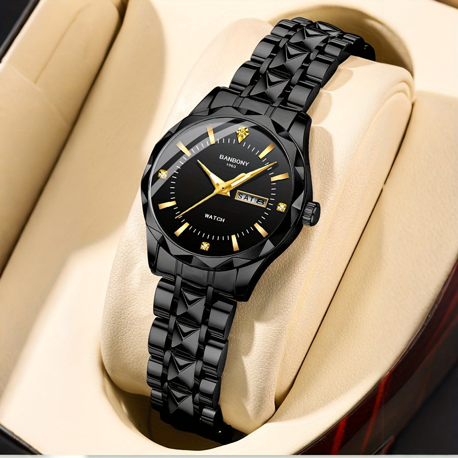 1pc BANBONY Women's Stainless Steel Quartz Watch with Rhinestone Accents, Scratch-Resistant Luminous Dial, IPX7 Waterproof, Week Calendar Display, Blue Dial & Golden-Tone Case - Luxury Casual Sports Watch for Birthdays, Holid