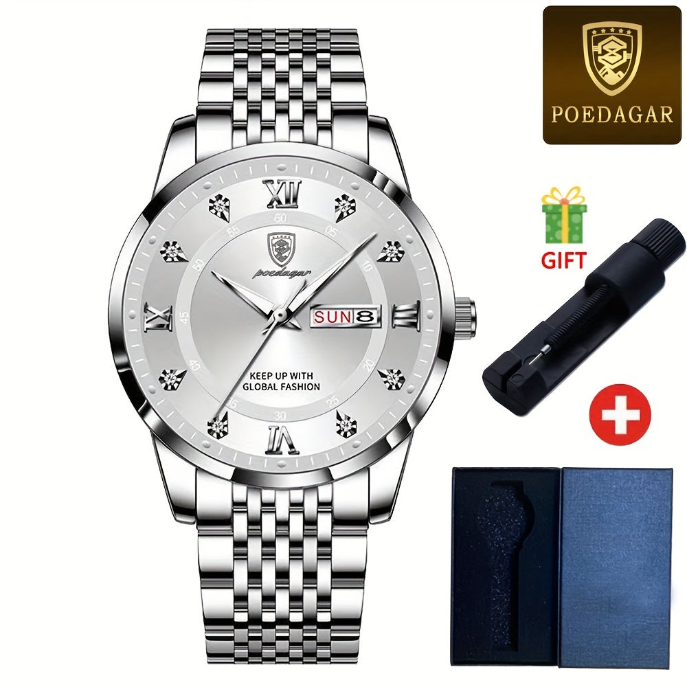 POEDAGAR Classic Men'S Stainless Steel Quartz Watch, IPX8 Luminous Weekly Calendar Watch for Men, Perfect Gift Option, Suitable for Women
