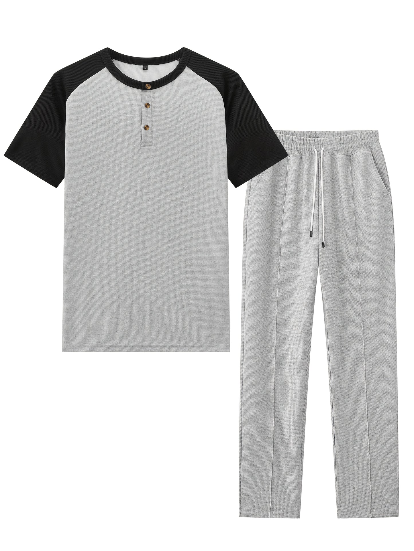 Men's Casual Mixed Color Spliced Set: Shirt and Drawstring Pants, Clean and Comfortable