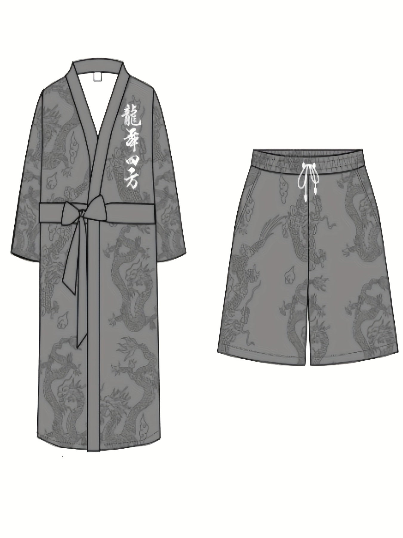 Men'S Dragon Dance Square Dragon Print Robe and Shorts Set - Casual V-Neck, Non-Stretch Polyester Home Wear with Belt Detail, Regular Fit
