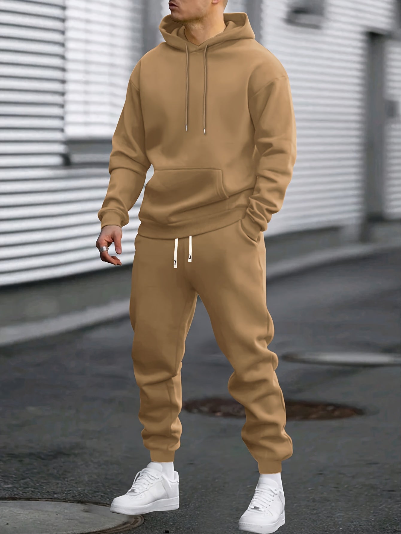 1set Men'S Casual Sports Suit, Polyester Hooded Sweatshirt and Jogger Pants Set, Solid Color, Elastic Waist, Cuffed Ankles, Knit Pullover with Pockets, Regular Fit for Outdoor Running and Jogging - Spring/Autumn Collection