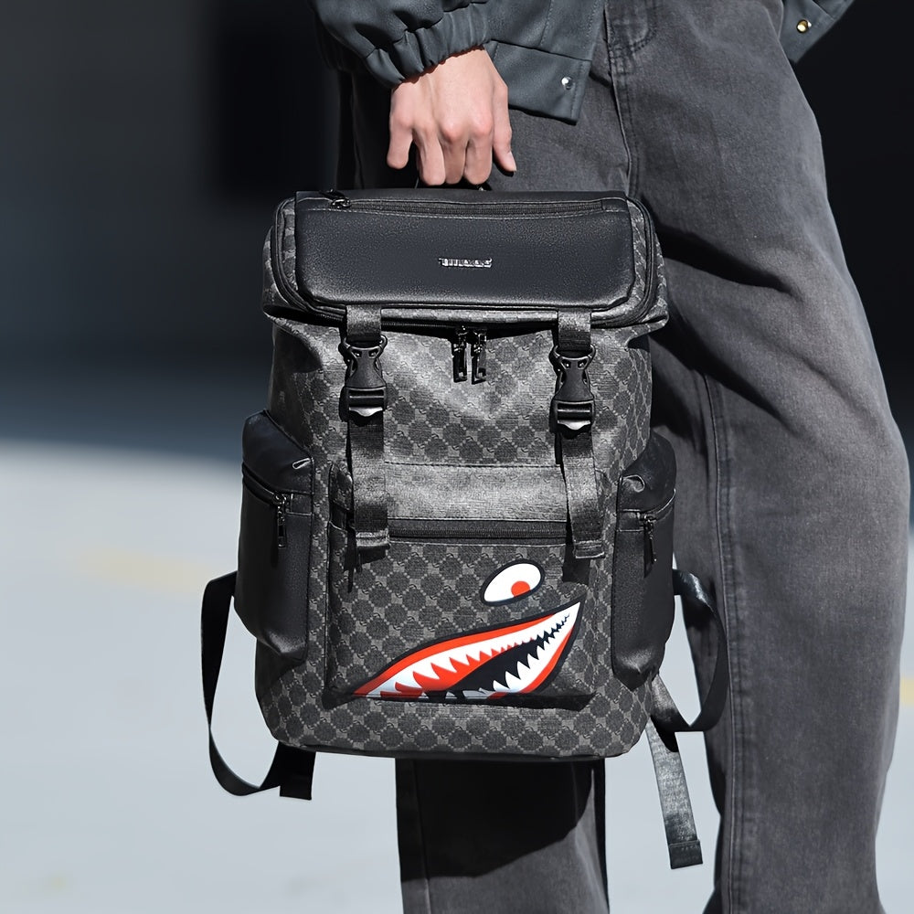 Men'S Stylish Black Backpack with Shark Graphic - Lightweight, Large Capacity, Multi-Functional Shoulder Bag for Travel, Commuting, School - Durable PVC Material, Sports & Fitness Design, Backpack for Travel