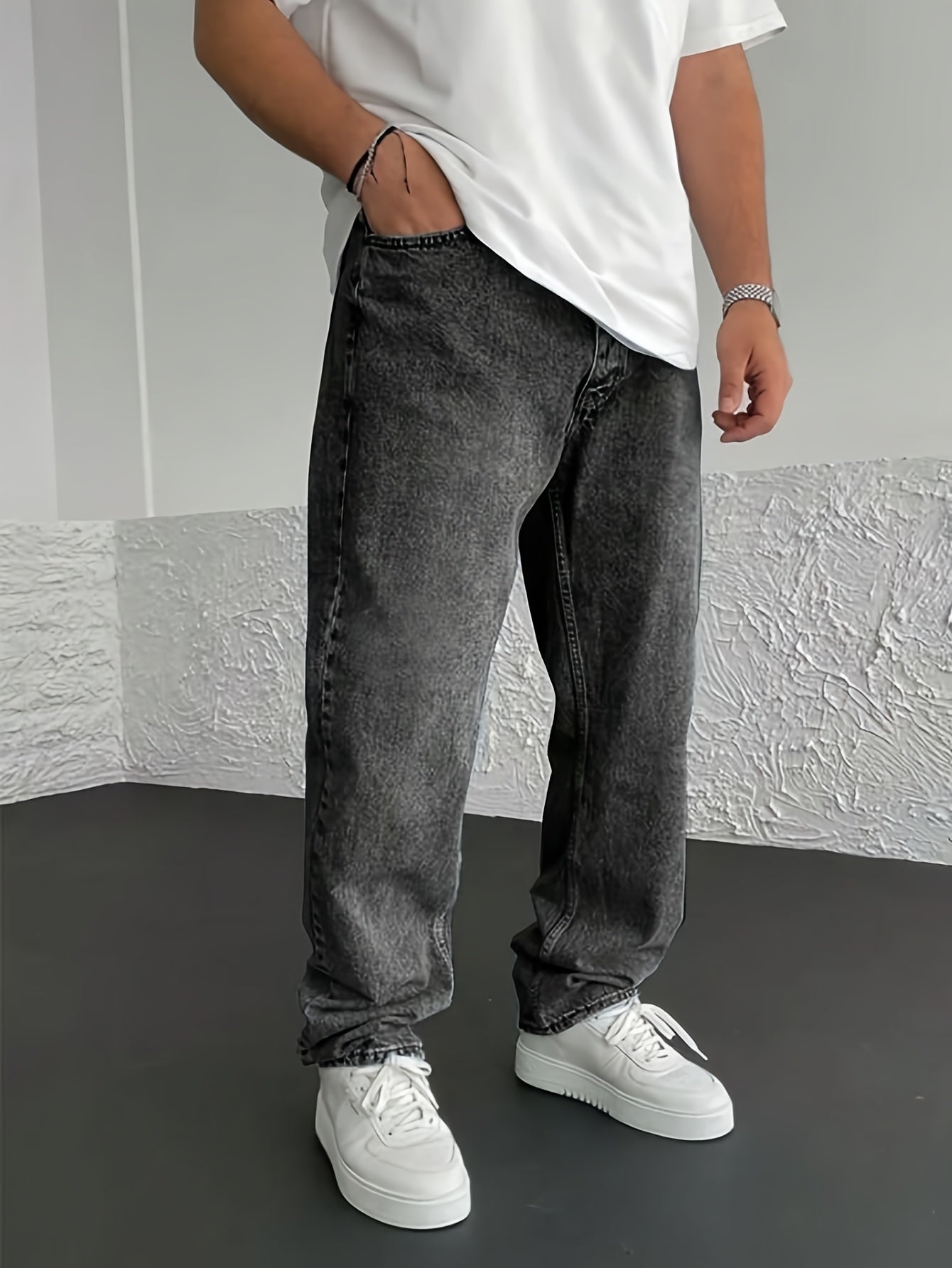 Men'S Loose-Fit Jeans, Cotton Blend Street Style Denim Pants, Non-Stretch Solid Color, Regular Length, with Multiple Pockets for All-Season Wear