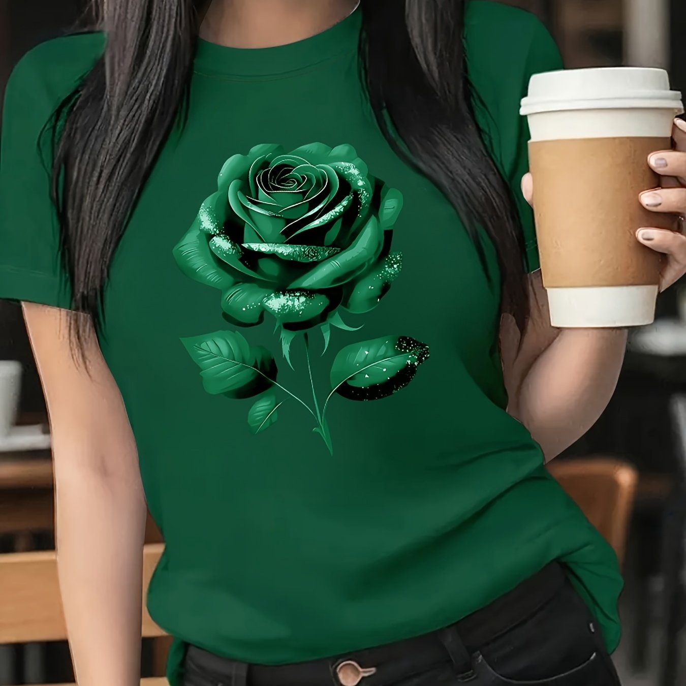 The Black Roseprint t-shirt, short sleeve crew neck casual top for summer & spring, Women's clothing gift