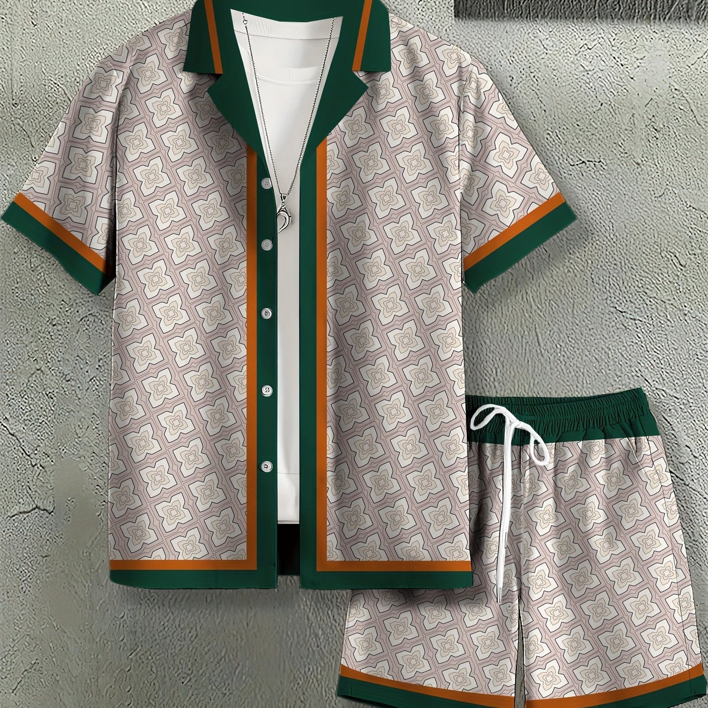 3D Digital Print Men's Fashion Casual Hawaiian Style Striped Shirt Two-Piece Set
