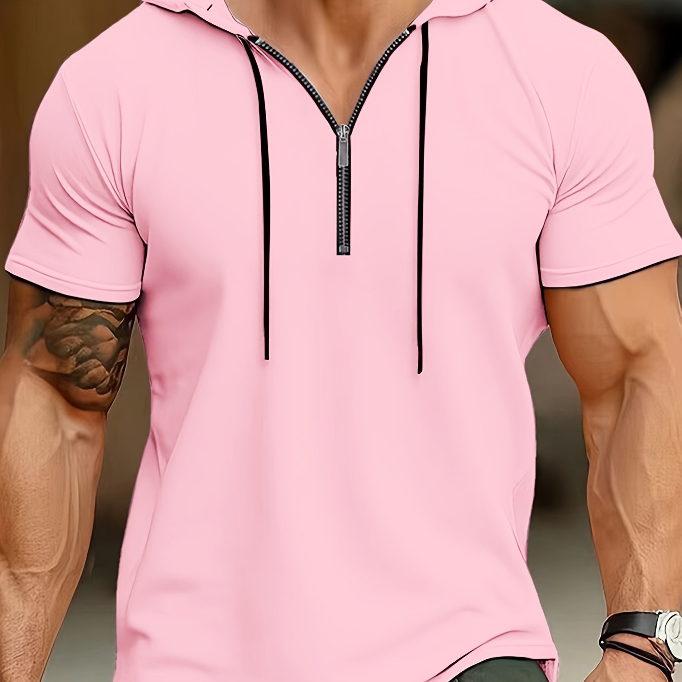1pc Men's Light Blue Casual Hooded Short Sleeve T-Shirt with 1/4 Zipper, Breathable Stretch Fabric for Gym, Outdoor & Summer Wear, Gym Apparel, Stylish Contrast Detailing, Comfortable Fit