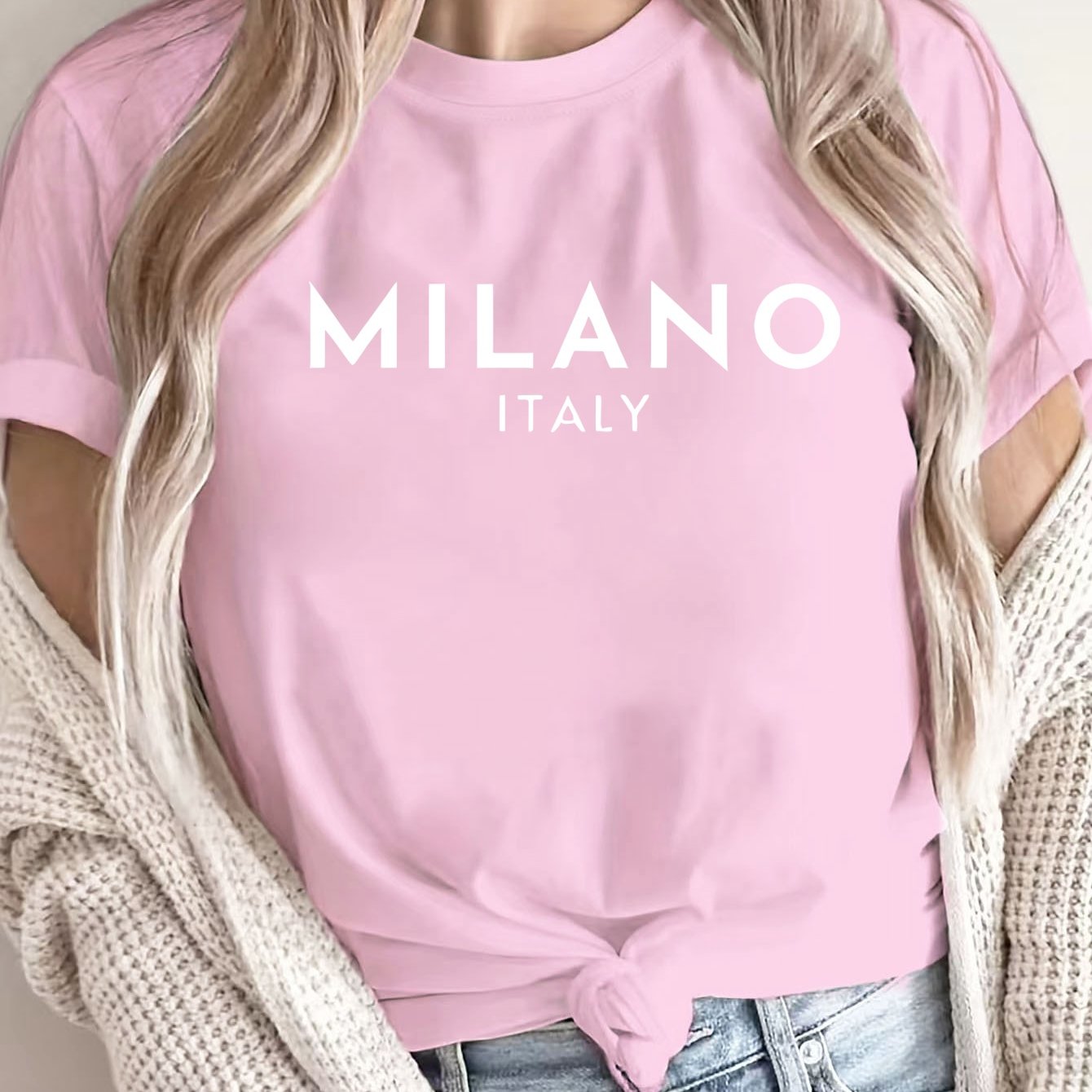 Women'S Casual Polyester T-Shirt with "Milano Italy" Letter Print, Short Sleeve Crew Neck Top, All-Season Knit Fabric Tee, Regular Length - 180gsm