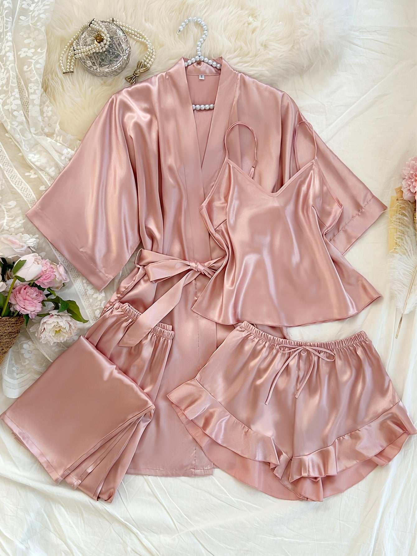 Women'S All-Season V-Neck Pajama Set - Comfortable, Sexy, Polyester 4pcs Sleepwear with Tie Waist And Drawstring Shorts, Perfect for Autumn And Winter, Autumn Winter Sleepwear | Stylish Sleepwear | Polyester Fabric