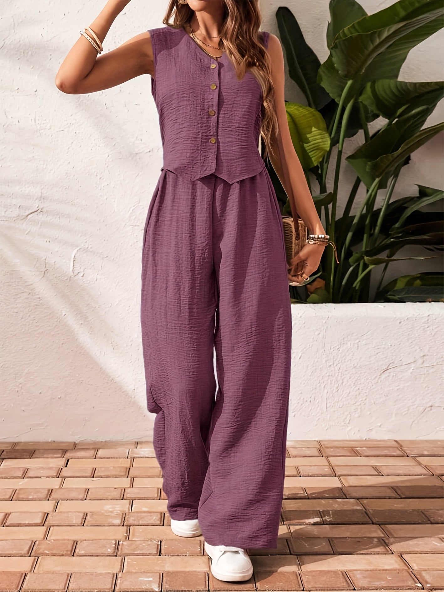 Women'S Elegant Solid Color Sleeveless V-Neck Two-Piece Set - Casual Summer Jumpsuit with Button Placket, Wide Leg Pants, and Beige Wedge Sandals, Casual Attire|Vneck Jumpsuit|Elegant Jumpsuit