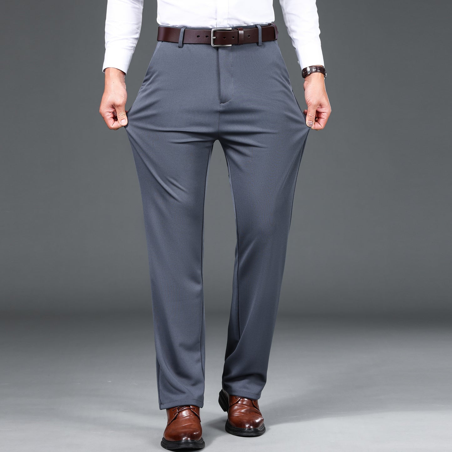 1pc Men'S Warmth Business Casual Pants, Fall/Winter Fleece-Lined Thickened Straight-Leg Trousers with Slant Pockets, Solid Color Knit Fabric Regular Fit Dress Pants with Zipper Closure, Medium Stretch Polyester
