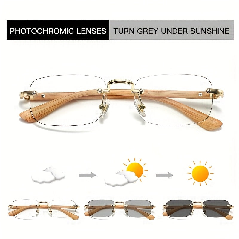 1pc Fashionable Retro Frameless Rectangular Glasses, Metal Frames with Hinges, Lenses will change color and not make everything too dark, so you can wear them for evening walks in the city, holiday photos, beautiful birthday