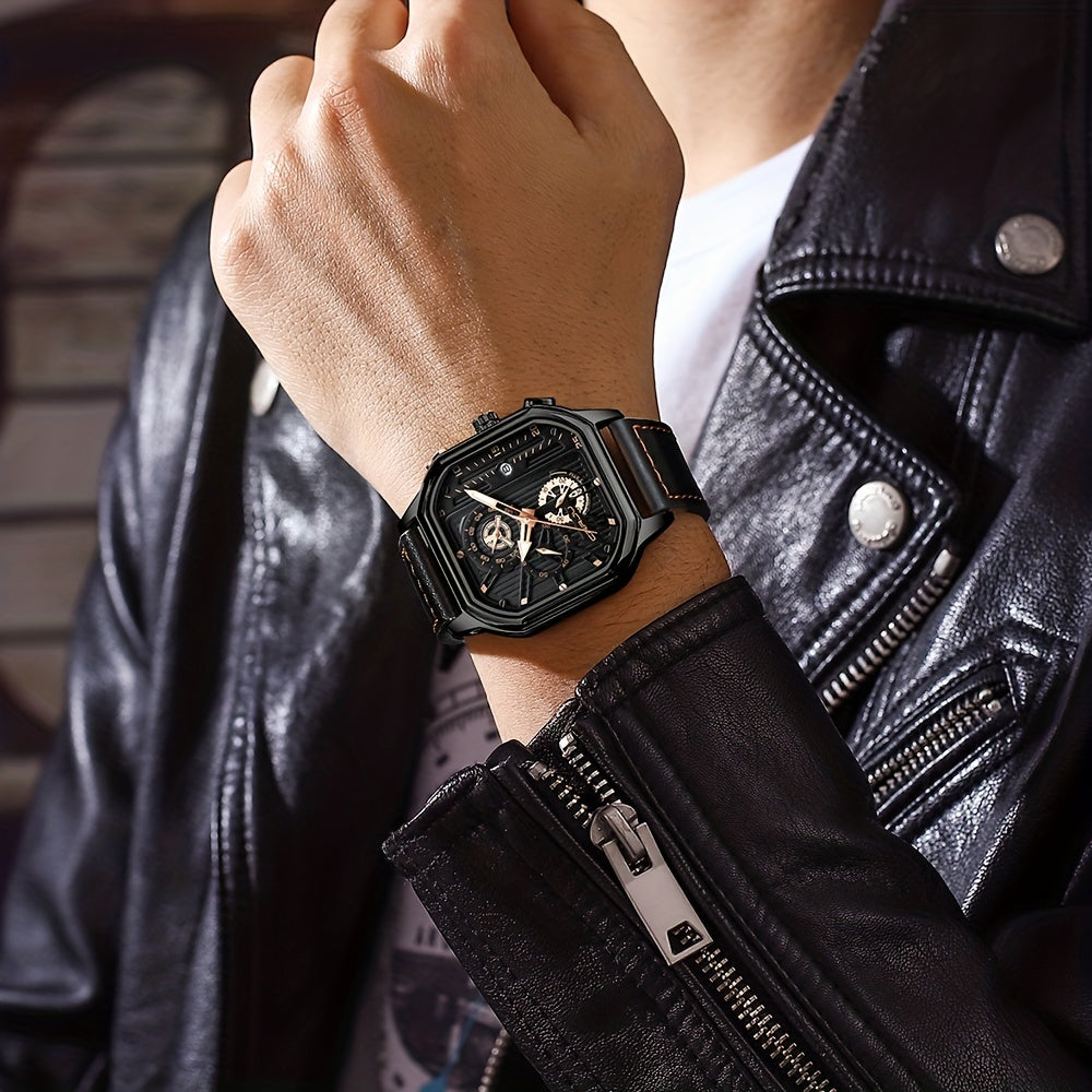 CRRJU Men's Sporty Chronograph Watch with Rose Golden Accents, Quartz Movement, IPX8 High Quality, Black Dial & Brown Faux Leather Strap - Durable Casual & Formal Timepiece
