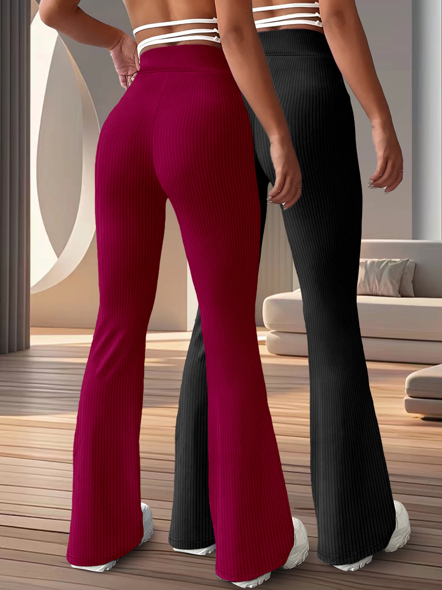 2-Pack Women'S High Waist Flare Leg Pants, Casual Stretchy Yoga Sports Trousers, 96% Polyester 4% Spandex, All-Season Knit Fabric, Solid Color Long Length Pants for Women