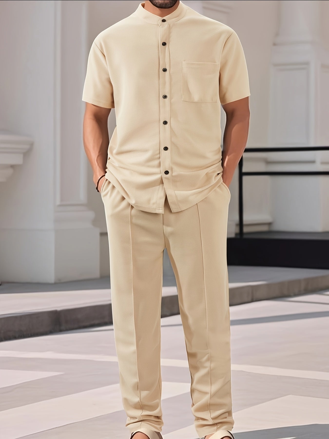 Men'S Two-Piece Set Featuring a Short-Sleeve Cardigan with Pockets And Drawstring Pocket Long Pants, Perfect for a Clean And Comfortable Summer.