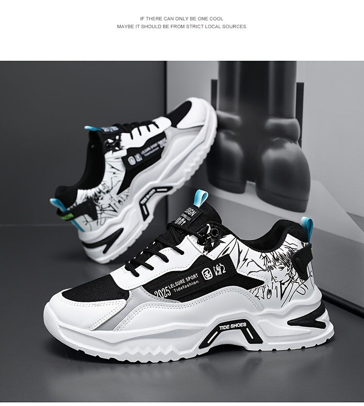 Men's Stylish Platform Sneakers with Wave Pattern - Comfortable, Non-Slip & Durable for Outdoor, Campus Walks & Travel | Lace-Up, Breathable Design, for Autumn, Spring