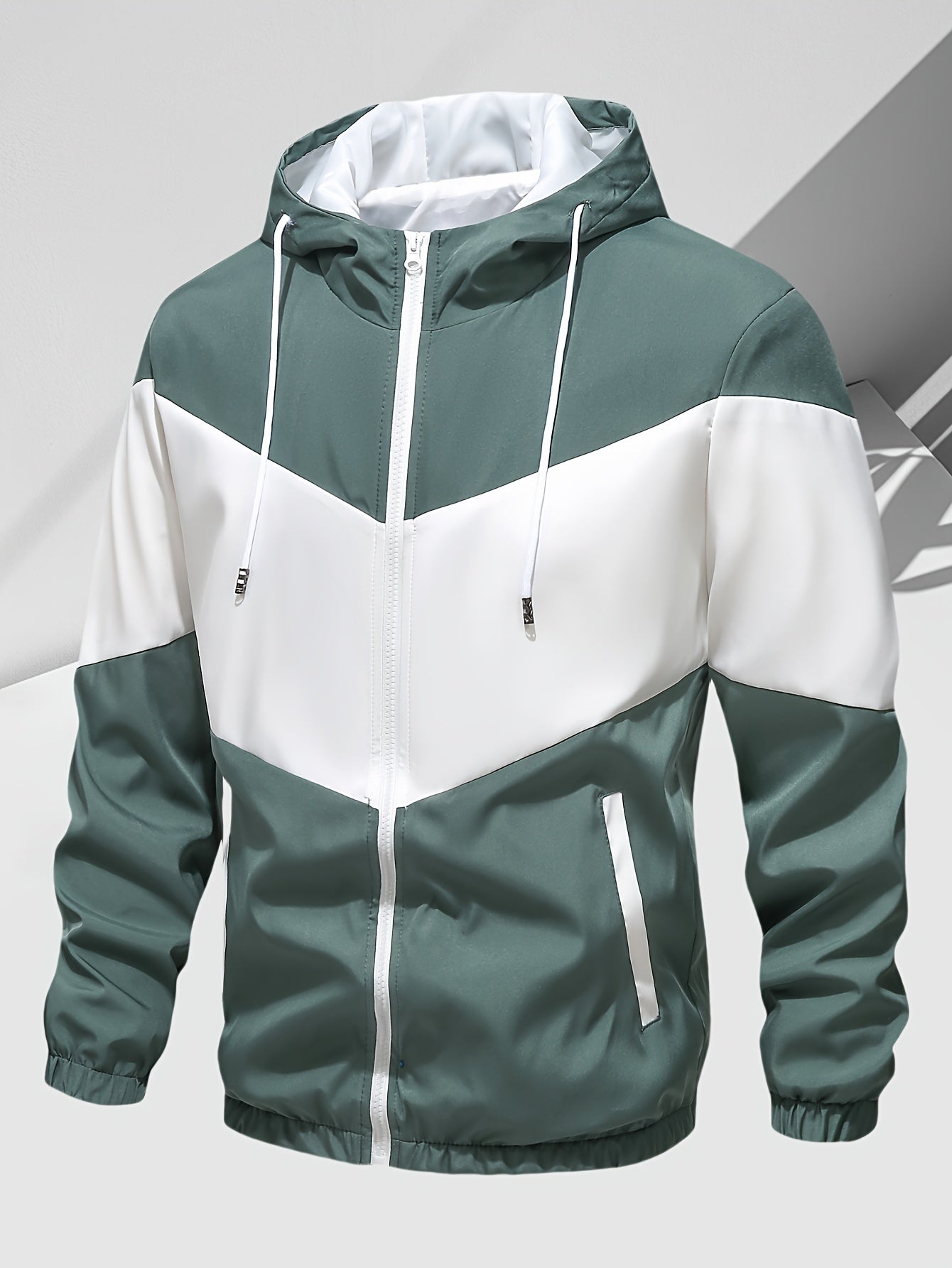 Men's Casual 2-Piece Outfit, Stylish Color Block Zip Up Hooded Jacket, Breathable Solid Color Drawstring Pants