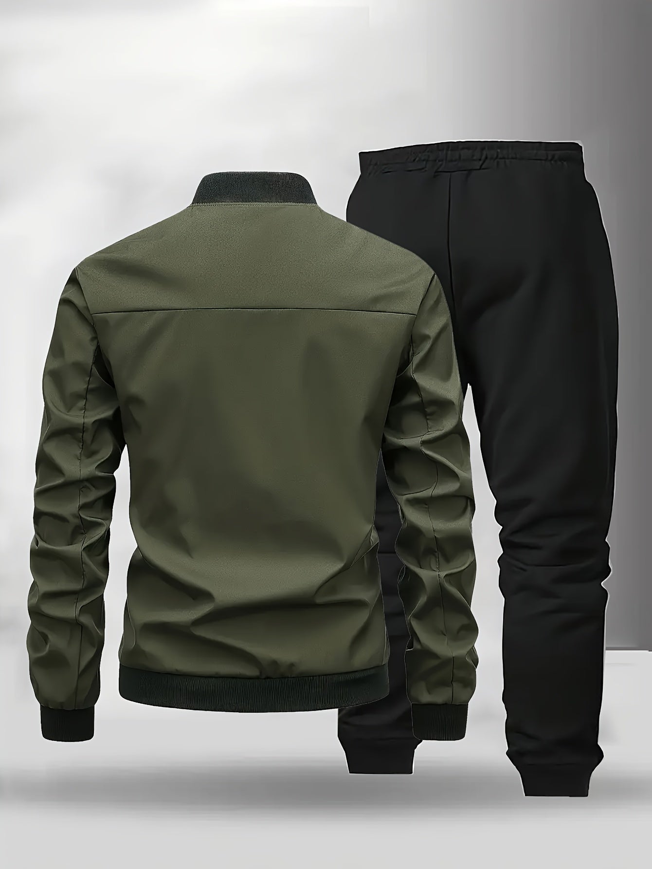 Men'S Casual Two-Piece Athletic Set - Black Baseball Collar Jacket with Zipper, Elastic Waistband Pants, Regular Fit for Spring/Fall, Spring Outerwear | Sporty Casualwear | Zippered Jacket