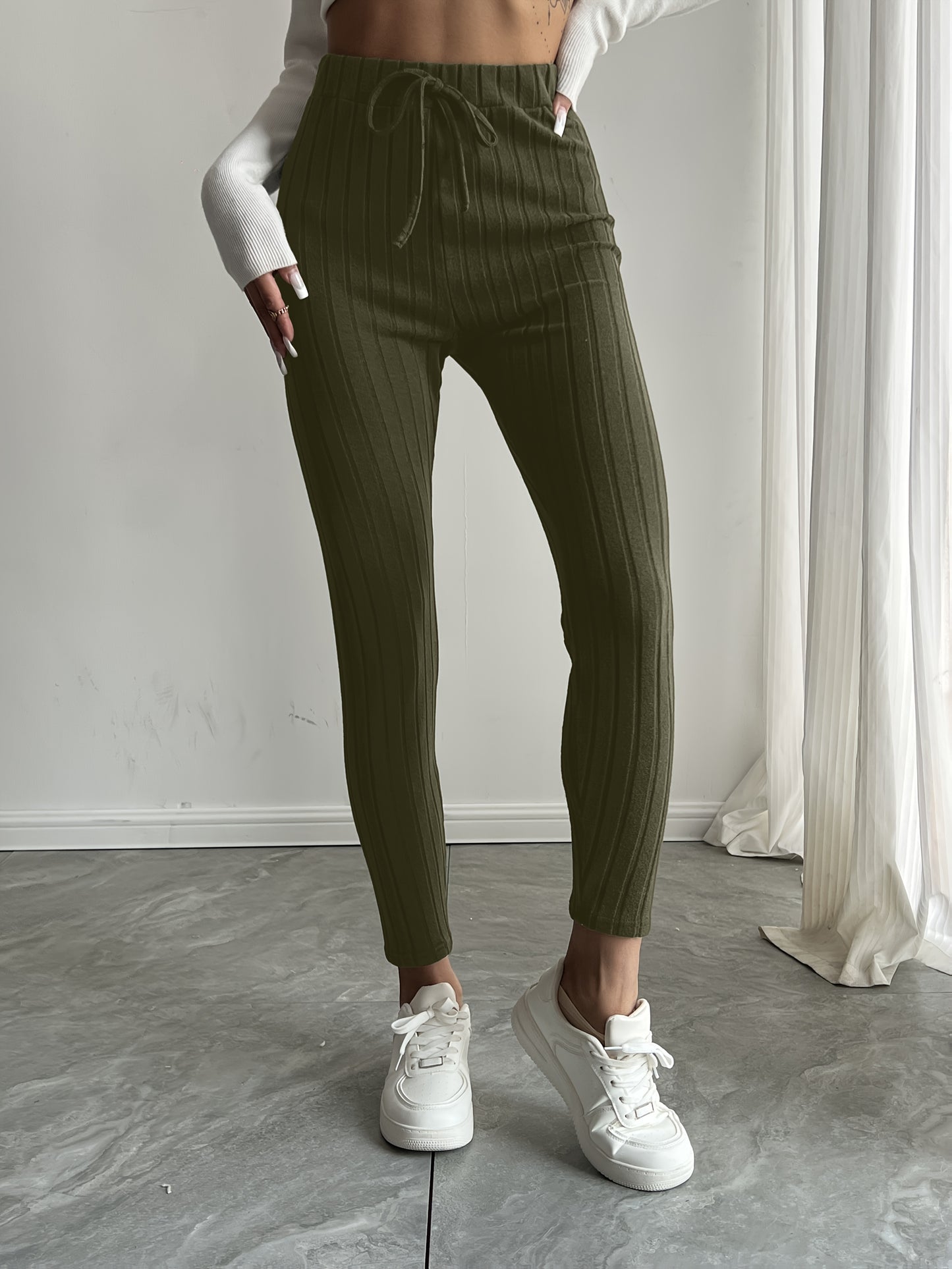 High-Waisted Drawstring Skinny Knitted Pants For Everyday Wear - Solid Color Women's Casual Clothing