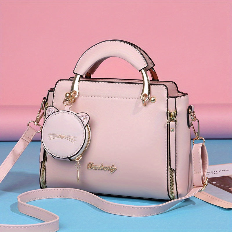 Women'S Fashion 2023 Embroidered Cat Design Messenger Bag, Removable Strap, Zipper Closure, Polyester Lined, Casual Shoulder Handbag with Edge Paint Detail