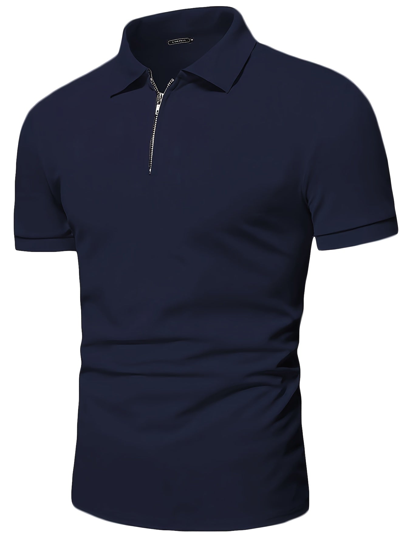Casual Stretch Men's Solid Color Zipper Lapel Golf Shirt, Male Summer Streetwear
