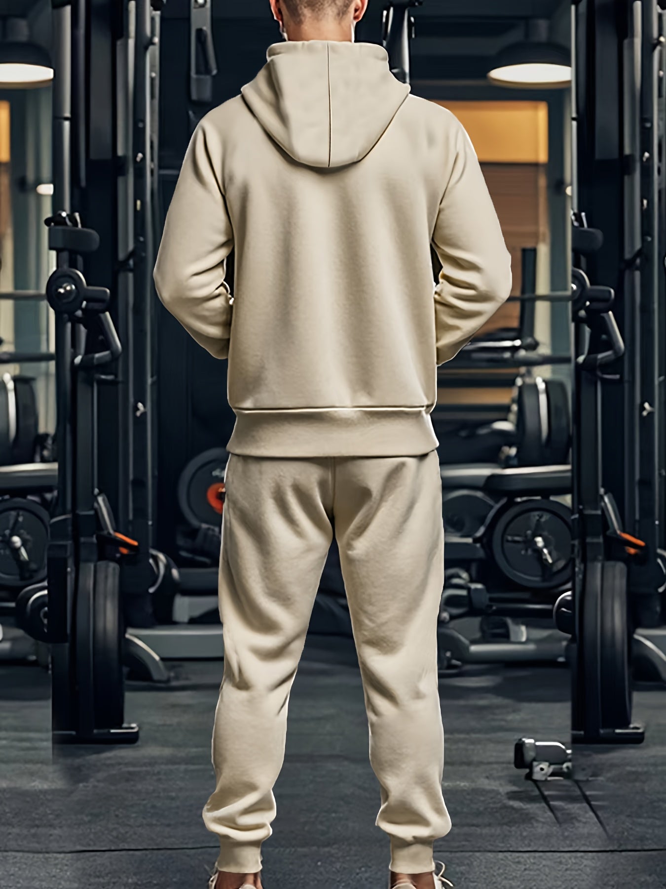 2pcs Men's Solid Color Hooded Long Sleeve Sweatshirt + Pants Set, Casual Co-ord Sports Fitness Set