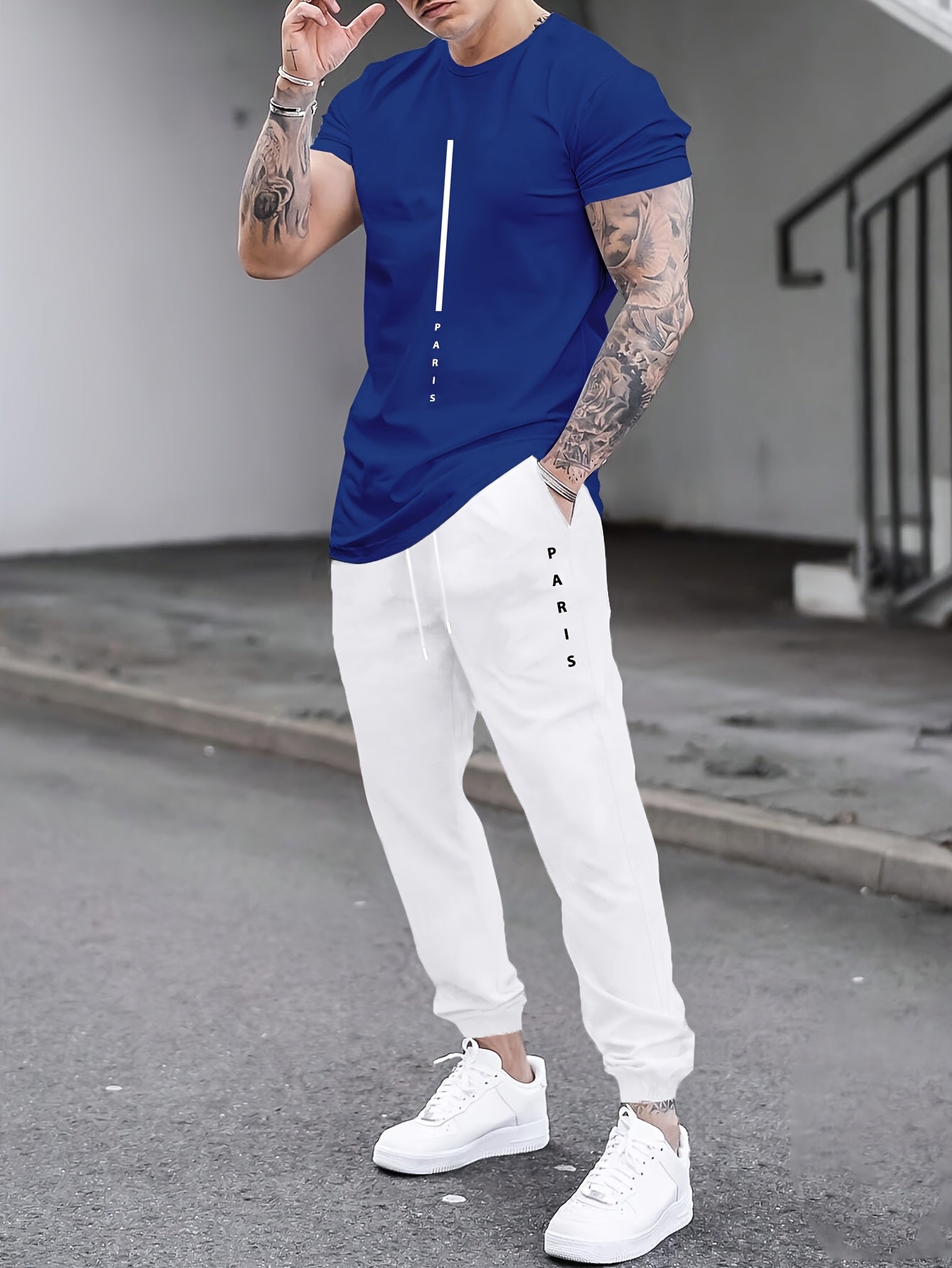 1set Men'S Casual Sportswear Set, Geometric Pattern Short Sleeve T-Shirt and Drawstring Joggers, Knitted Polyester and Elastane Blend, Round Neck, Regular Fit, Four Seasons Outfit