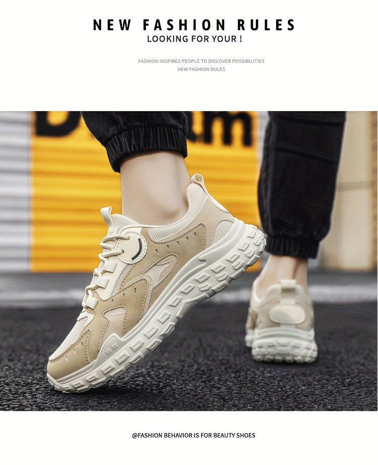 Men's Trendy Chunky Sneakers - Breathable Mesh & PU Upper, Durable PVC Sole, Lace-Up Casual Sneakers in Gray, Black & Orange, All-Season Comfort for Casual Attire