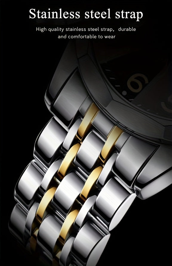 1pc BINBOND Men'S Fashion Watch, Luxury Dual Calendar Quartz Wristwatch, Business Style, Round Alloy Case, Stainless Steel Strap, Water-Resistant, Luminous Pointer Display, Battery Powered, Perfect for Valentine's, Christmas,